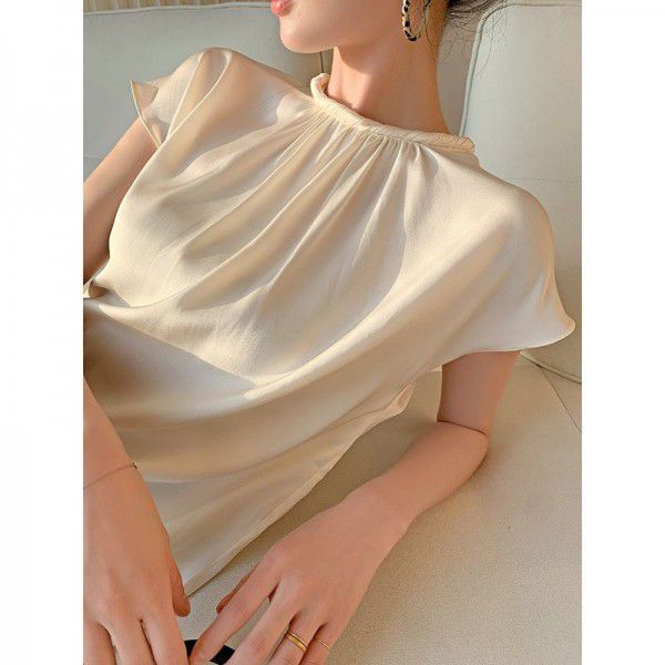Summer short-sleeved shirt French fashion western-style satin short-sleeved retro court style female T-shirt top summer 