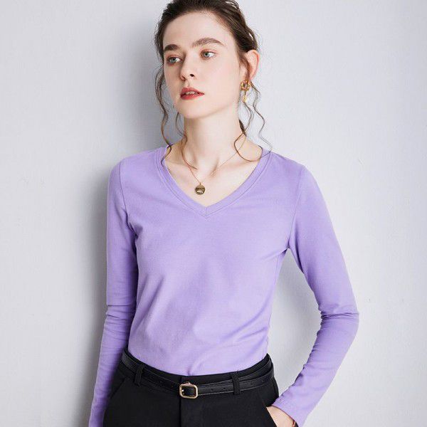 Summer New Underlay V-neck T-shirt Loose Solid and Simple