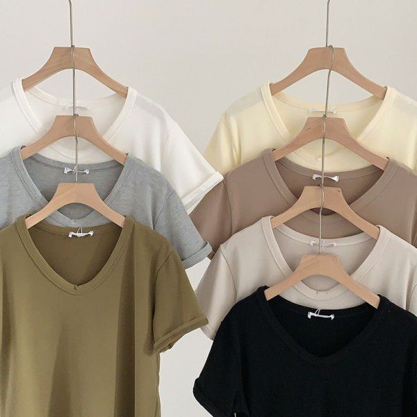 V-neck brushed T-shirt for women Spring New Style Korean Morandi Solid Versatile Short Sleeve T-shirt for women 