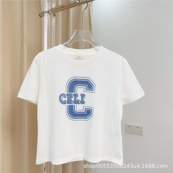Summer New CE Blue C-Letter Printing Short Sleeve Round Neck T-shirt Women's Sexy Trend