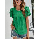 Summer New Round Neck Casual Tulip Sleeve T-shirt Jacquard Top Women 