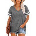 Summer New V-Neck Short Sleeve Contrast T-shirt Loose Casual Top 