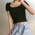 Wood ear edge bubble sleeve square collar exposed collarbone short sleeved T-shirt for women