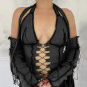 Spring/Summer New Reversed Side Chest Lace Up Neck Strap Independent Long Sleeve T-shirt Female