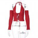 Spring/Summer New Reversed Side Chest Lace Up Neck Strap Independent Long Sleeve T-shirt Female