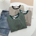 Stripe color matching short sleeved t-shirt for trendy women, pure cotton bottom shirt, summer loose design, and sense of top