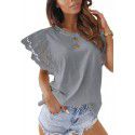 Summer New Solid Round Neck Panel Lace Flying Sleeve Short Sleeve T-shirt Top Women 