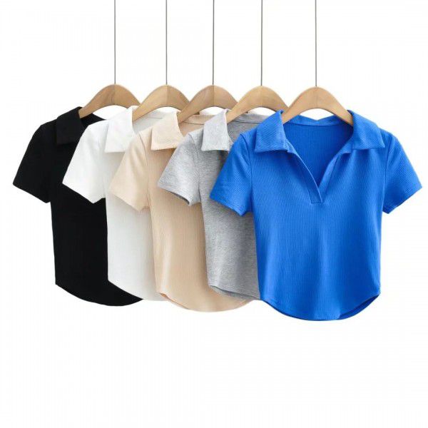 Summer new style pure sexy slim short polo lapel solid color short sleeve T-shirt female 