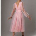 Sweet and spicy style solid color long dress early spring V-neck long sleeved high waisted slim mesh patchwork dress with belt