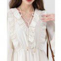 New Year Sweet and Gentle V-neck Apricot Long Dress Versatile Commuter Waist Slim A-line Dress