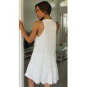 Popular Women's Vacation Skirt Lace Splice Stand up Neck Button Swing Dress