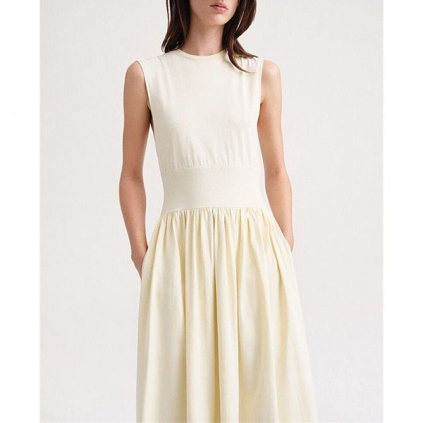 Spring casual cotton two tone waistband A-line flared skirt, medium length sleeveless women's dress