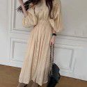 Spring French Brand Lace Standing Neck Spliced Hollow Lace Hooked Waist Dress for Women