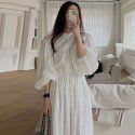 Spring French Brand Lace Standing Neck Spliced Hollow Lace Hooked Waist Dress for Women