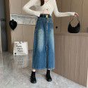 Oversized Hong Kong style retro split denim skirt for women's early spring new high waisted slim A-line mid length skirt