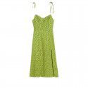 New Shoulder Lace up Slim Slim Slim Hanging Strap Avocado Green Fragmented Flower Split Dress for Women