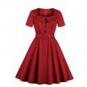 Women's short sleeved solid color pocket Hepburn style dress with belt