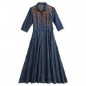 Vintage embroidery lapel belt temperament denim skirt new mid length slim autumn dress