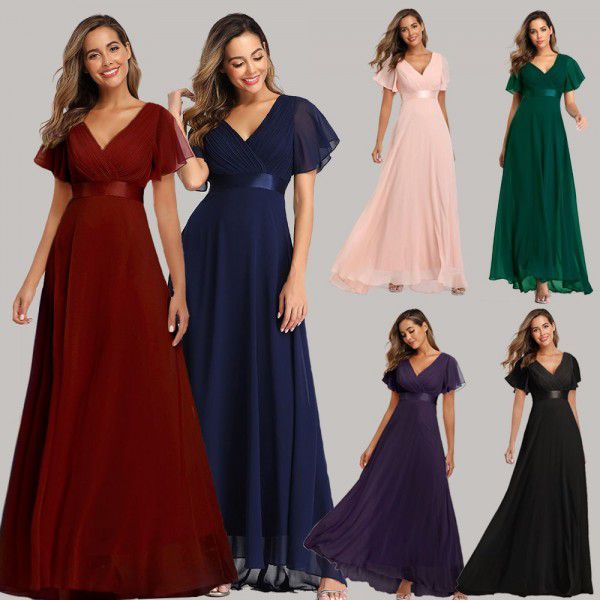 Spring/Summer Handmade Folded Big Swing Double V-neck Flare Sleeve Dress Elastic Chiffon Banquet Bridesmaid Large Evening Dress