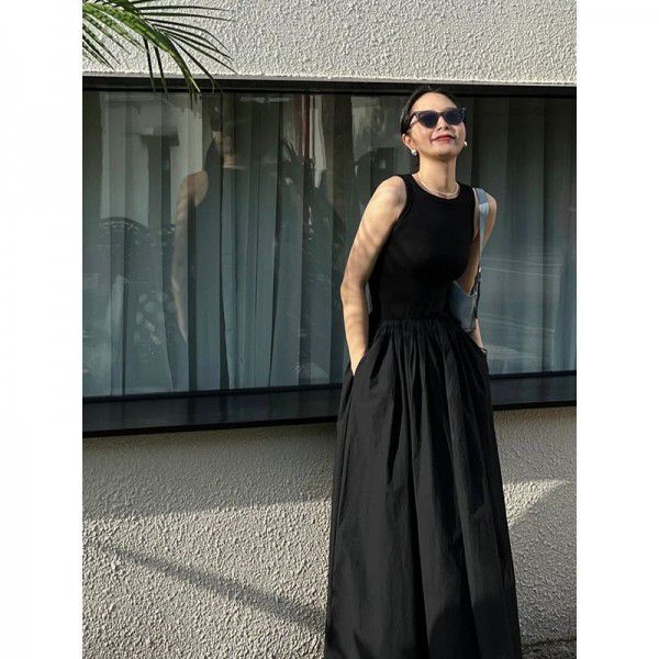 Summer New Two Color Casual Edition Solid Round Neck Needle Shuttle Panel Tank Top Long Dress