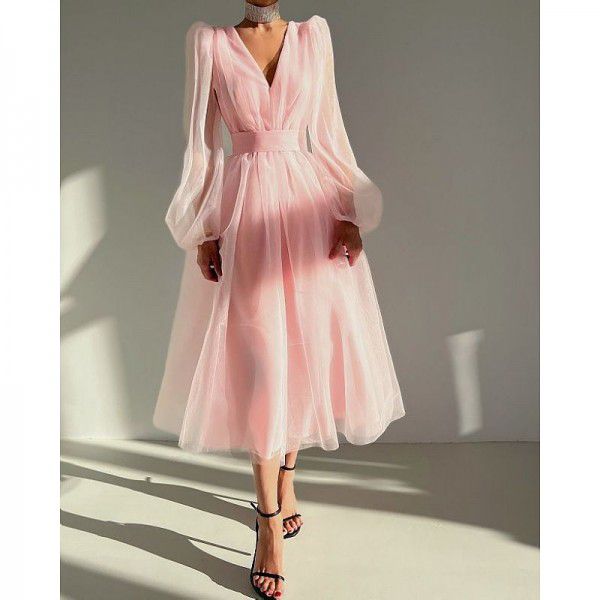Sweet and spicy style solid color long dress early spring V-neck long sleeved high waisted slim mesh patchwork dress with belt