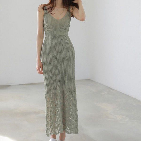 Spring/Summer Mid length Knitted Sling Dress for Women Sleeveless Outwear Over Knee Skirt Underlay Tank Top Long Dress