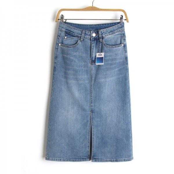 Spring New Front Split Elastic Halfskirt High Waist Slim denim Midskirt for Women