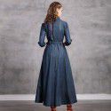 Vintage embroidery lapel belt temperament denim skirt new mid length slim autumn dress