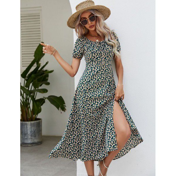 Women's square neck bubble sleeved French tea break skirt trend floral dress