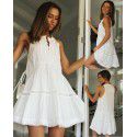 Popular Women's Vacation Skirt Lace Splice Stand up Neck Button Swing Dress
