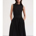 Spring casual cotton two tone waistband A-line flared skirt, medium length sleeveless women's dress