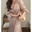 Spring New Korean Designer Temperament Gentle Three Dimensional Fairy Fragmented V-neck Chiffon Dress Long Dress