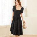 Short sleeved Princess Cake Dress Summer New French Elegant Square Neck High Waist Pleated Dress