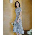 Spring diagonal cut rayon print with waistband to show slimming dress, fresh French floral floral style, lady temperament, commuting
