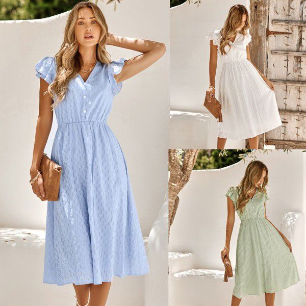 Summer New Casual Women's Wear European and American Solid V-Neck Waist Wrapped Fresh Style Dress for Women