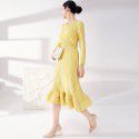 Pleated dress for women's new small V-neck, belt, flower bud skirt, elegant temperament, high waist, mid length skirt