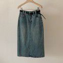 Split denim skirt for women in early spring, high waisted and slim A-line mid length skirt