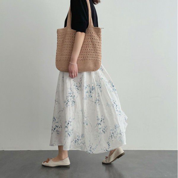 Spring New Artistic Style Versatile Spring/Summer Ramie Print Half length Skirt Mid length A-line Skirt for Women
