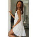 Popular Women's Vacation Skirt Lace Splice Stand up Neck Button Swing Dress