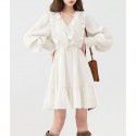 New Year Sweet and Gentle V-neck Apricot Long Dress Versatile Commuter Waist Slim A-line Dress