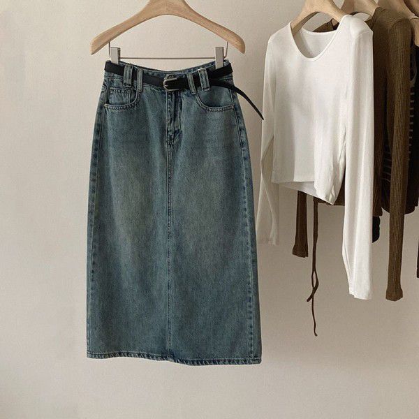 Split denim skirt for women in early spring, high waisted and slim A-line mid length skirt