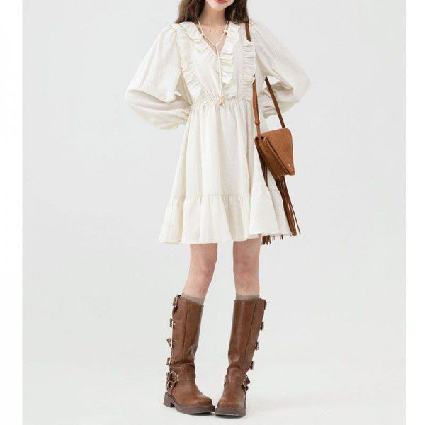 New Year Sweet and Gentle V-neck Apricot Long Dress Versatile Commuter Waist Slim A-line Dress