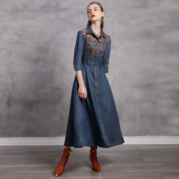 Vintage embroidery lapel belt temperament denim skirt new mid length slim autumn dress