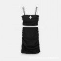 Spring/Summer New Cross Flower Split Dress Black Slim Fit Dress