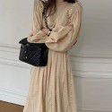 Spring French Brand Lace Standing Neck Spliced Hollow Lace Hooked Waist Dress for Women