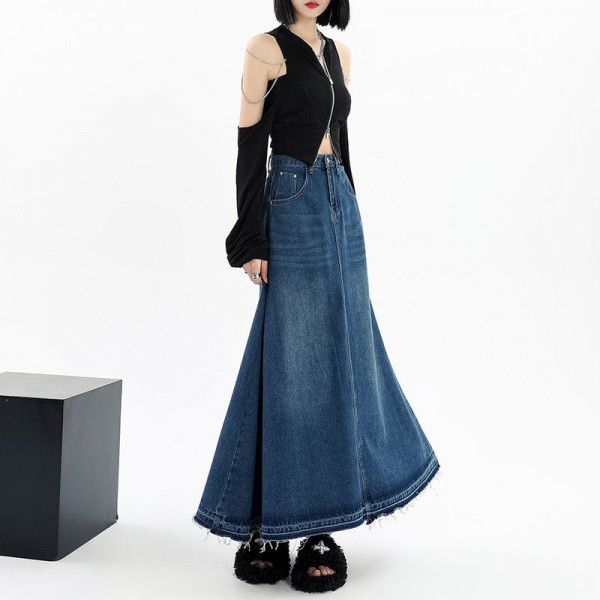 Denim Skirt Women's New Autumn Mid length Korean High Waist Retro Casual Tassel A-line Trendy Long Dress