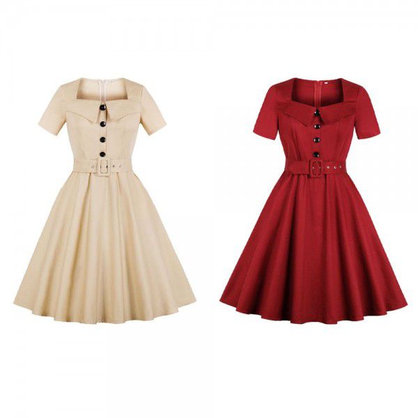 Women's short sleeved solid color pocket Hepburn style dress with belt