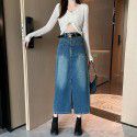 Oversized Hong Kong style retro split denim skirt for women's early spring new high waisted slim A-line mid length skirt