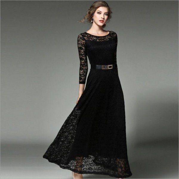 Women's Long sleeved Slim Fit Solid Color Hooked Flower Hollow Lace Dress