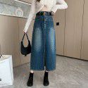 Oversized Hong Kong style retro split denim skirt for women's early spring new high waisted slim A-line mid length skirt